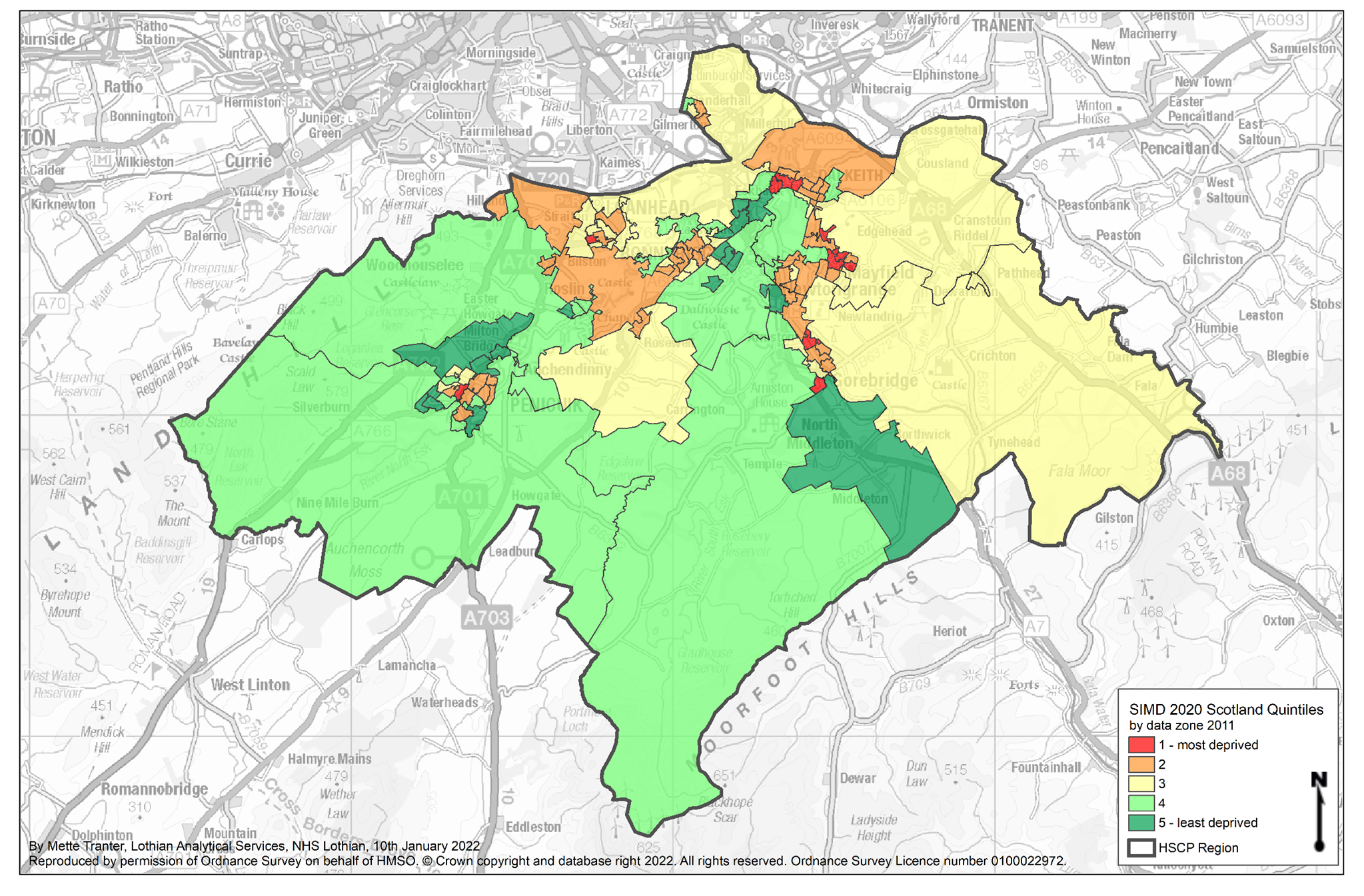 Map of areas of deprivation in Midlothian. Whilst all areas in the most deprived 20% were around Dalkeith, Mayfield, Easthouses and Gorebridge, areas in the most deprived 20 -30% were spread more widely including Thornybank, Penicuik and Newtongrange.
